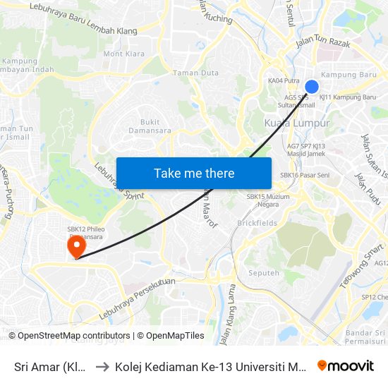 Sri Amar (Kl70) to Kolej Kediaman Ke-13 Universiti Malaya map