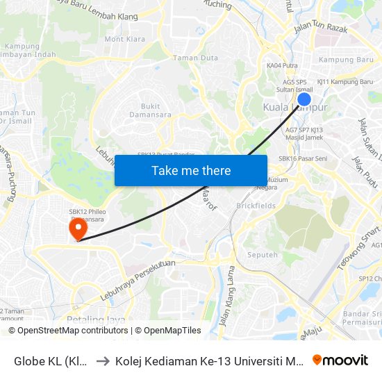 Globe KL (Kl37) to Kolej Kediaman Ke-13 Universiti Malaya map
