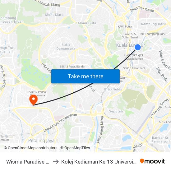 Wisma Paradise (Kl30) to Kolej Kediaman Ke-13 Universiti Malaya map