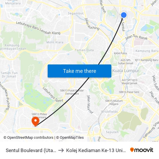 Sentul Boulevard (Utara) (Kl645) to Kolej Kediaman Ke-13 Universiti Malaya map