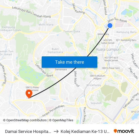 Damai Service Hospital (Opp) (Kl47) to Kolej Kediaman Ke-13 Universiti Malaya map