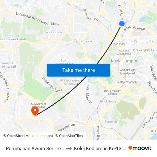 Perumahan Awam Seri Terengganu (Kl2050) to Kolej Kediaman Ke-13 Universiti Malaya map