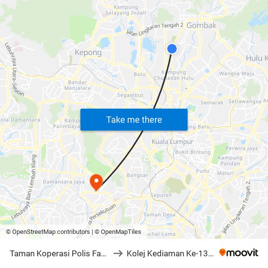 Taman Koperasi Polis Fasa 1 (Opp) (Kl1795) to Kolej Kediaman Ke-13 Universiti Malaya map