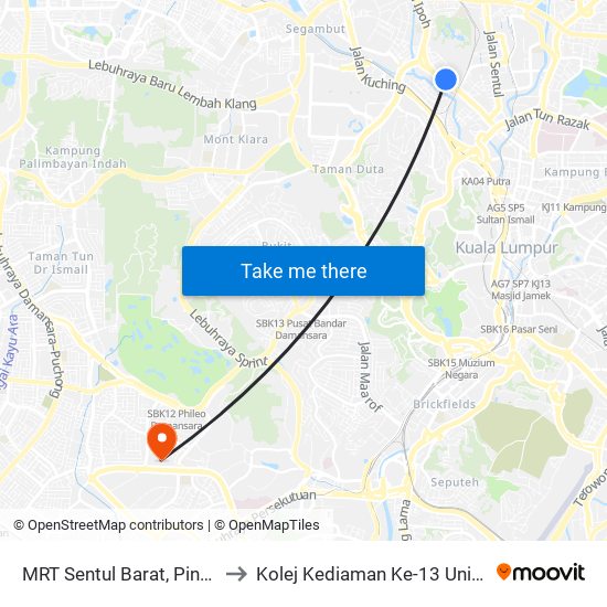 MRT Sentul Barat, Pintu C (Kl607) to Kolej Kediaman Ke-13 Universiti Malaya map
