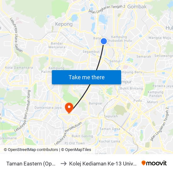 Taman Eastern (Opp) (Kl586) to Kolej Kediaman Ke-13 Universiti Malaya map