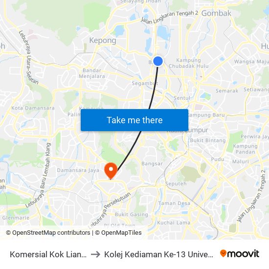 Komersial Kok Lian (Kl587) to Kolej Kediaman Ke-13 Universiti Malaya map