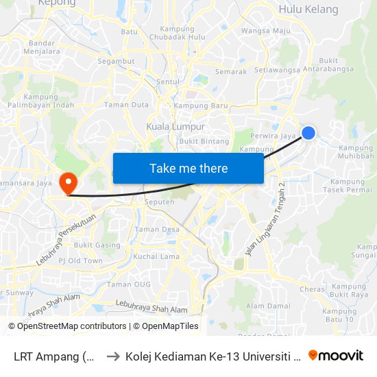 LRT Ampang (Aj31) to Kolej Kediaman Ke-13 Universiti Malaya map