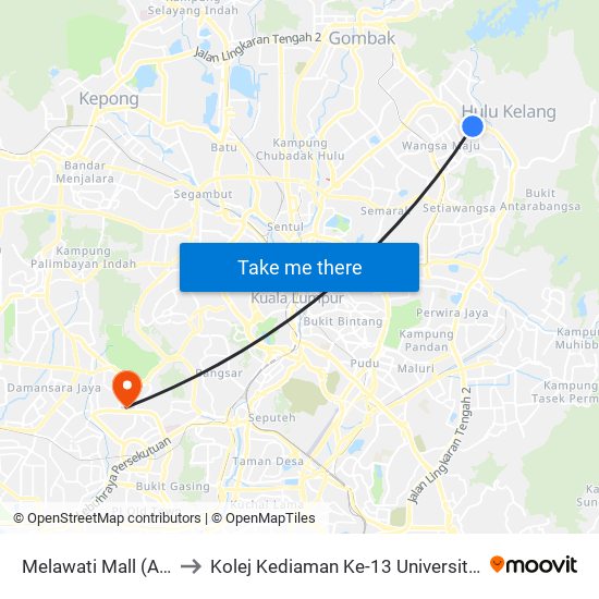 Melawati Mall (Aj490) to Kolej Kediaman Ke-13 Universiti Malaya map