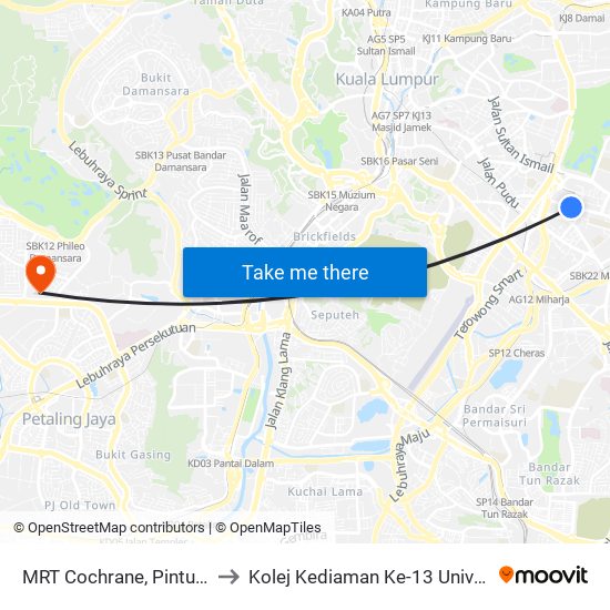MRT Cochrane, Pintu A (Kl892) to Kolej Kediaman Ke-13 Universiti Malaya map