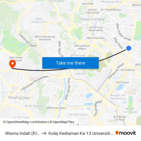 Wisma Indah (Kl891) to Kolej Kediaman Ke-13 Universiti Malaya map