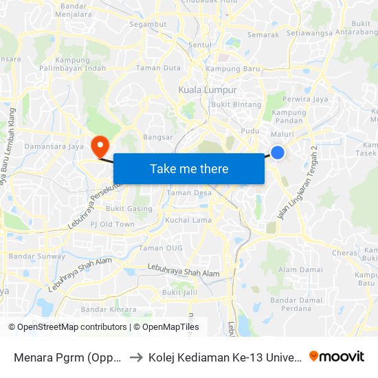 Menara Pgrm (Opp) (Kl870) to Kolej Kediaman Ke-13 Universiti Malaya map