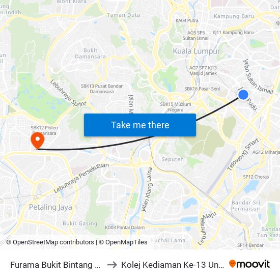 Furama Bukit Bintang Hotel (Kl866) to Kolej Kediaman Ke-13 Universiti Malaya map