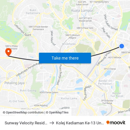 Sunway Velocity Residence (Kl367) to Kolej Kediaman Ke-13 Universiti Malaya map