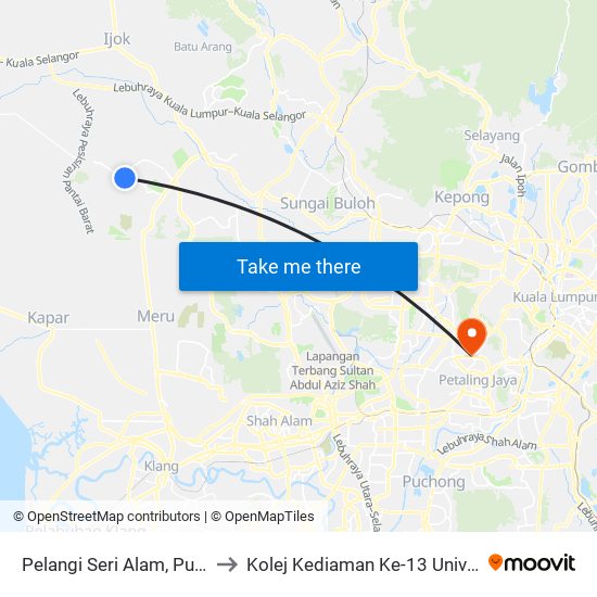 Pelangi Seri Alam, Puncak Alam to Kolej Kediaman Ke-13 Universiti Malaya map