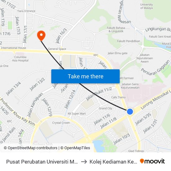 Pusat Perubatan Universiti Malaya (Ppum) (Selatan) (Pj471) to Kolej Kediaman Ke-13 Universiti Malaya map