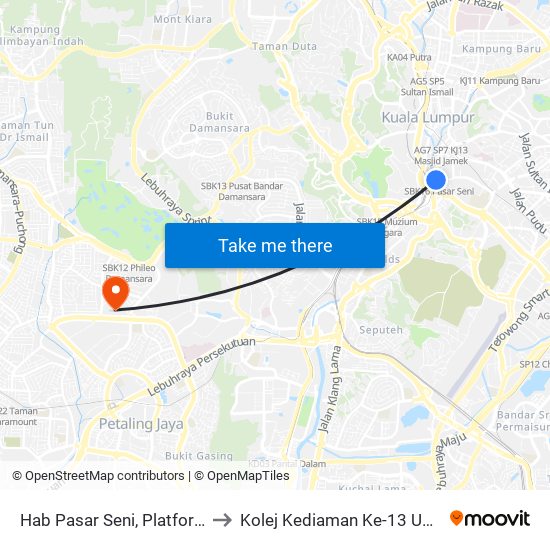 Hab Pasar Seni, Platform C (Kl2214) to Kolej Kediaman Ke-13 Universiti Malaya map