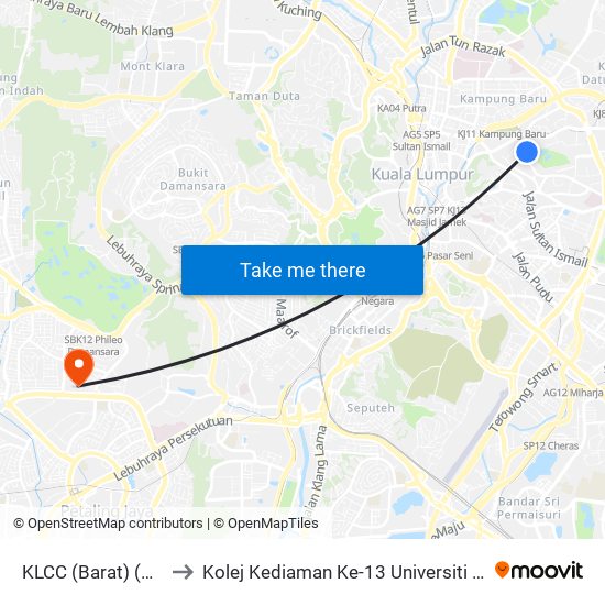 KLCC (Barat) (Kl95) to Kolej Kediaman Ke-13 Universiti Malaya map