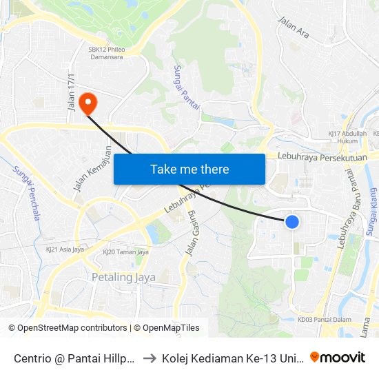 Centrio @ Pantai Hillpark (Kl1414) to Kolej Kediaman Ke-13 Universiti Malaya map
