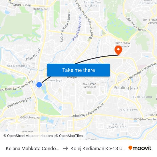 Kelana Mahkota Condominium (Pj571) to Kolej Kediaman Ke-13 Universiti Malaya map