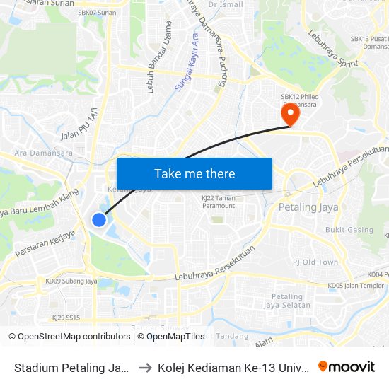 Stadium Petaling Jaya (Pj567) to Kolej Kediaman Ke-13 Universiti Malaya map