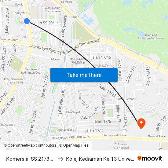 Komersial SS 21/35 (Pj630) to Kolej Kediaman Ke-13 Universiti Malaya map