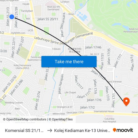 Komersial SS 21/1a (Pj142) to Kolej Kediaman Ke-13 Universiti Malaya map