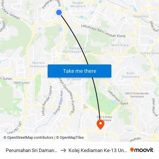 Perumahan Sri Damansara 8 (Pj38) to Kolej Kediaman Ke-13 Universiti Malaya map