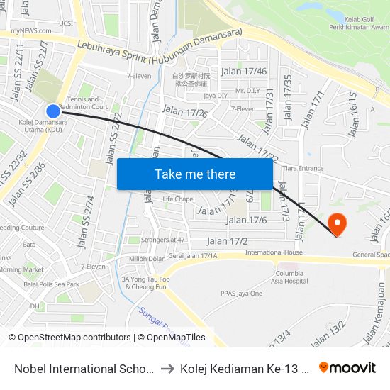 Nobel International School (Utara) (Pj627) to Kolej Kediaman Ke-13 Universiti Malaya map