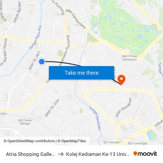 Atria Shopping Gallery (Pj489) to Kolej Kediaman Ke-13 Universiti Malaya map