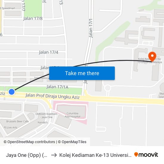 Jaya One (Opp) (Pj212) to Kolej Kediaman Ke-13 Universiti Malaya map