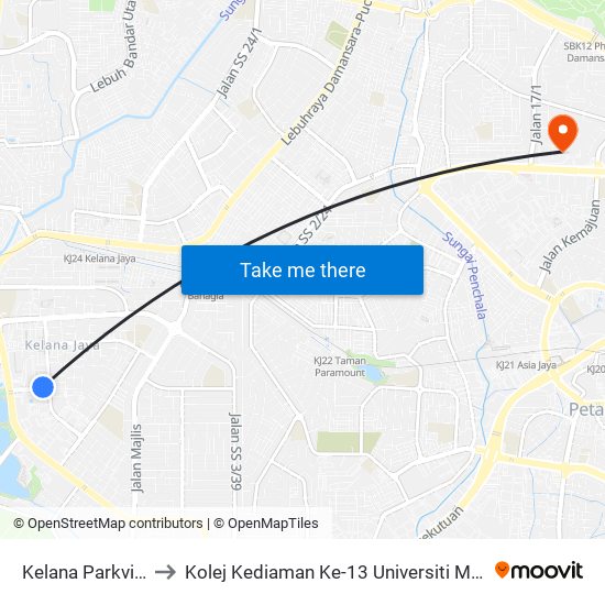 Kelana Parkview to Kolej Kediaman Ke-13 Universiti Malaya map