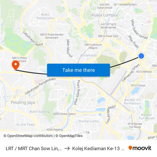 LRT / MRT Chan Sow Lin, Pintu A (Kl2199) to Kolej Kediaman Ke-13 Universiti Malaya map