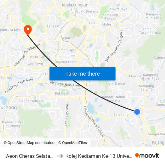 Aeon Cheras Selatan (Kj693) to Kolej Kediaman Ke-13 Universiti Malaya map