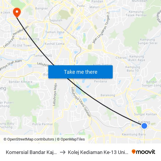 Komersial Bandar Kajang (Kj507) to Kolej Kediaman Ke-13 Universiti Malaya map