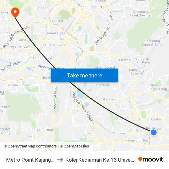 Metro Point Kajang (Kj479) to Kolej Kediaman Ke-13 Universiti Malaya map