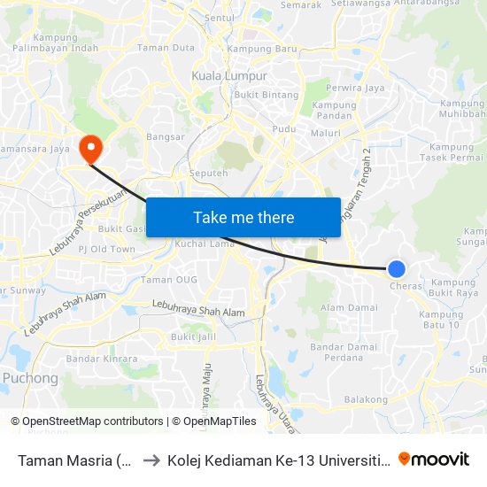 Taman Masria (Kj19) to Kolej Kediaman Ke-13 Universiti Malaya map