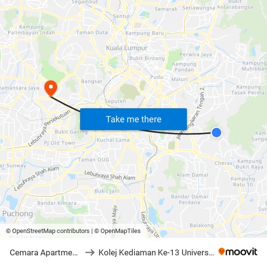 Cemara Apartment (Kj1) to Kolej Kediaman Ke-13 Universiti Malaya map