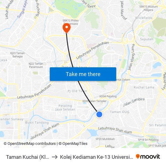 Taman Kuchai (Kl1352) to Kolej Kediaman Ke-13 Universiti Malaya map