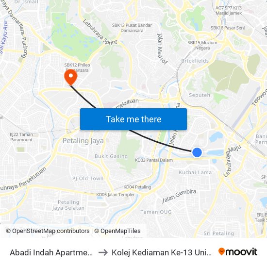 Abadi Indah Apartment (Kl1208) to Kolej Kediaman Ke-13 Universiti Malaya map
