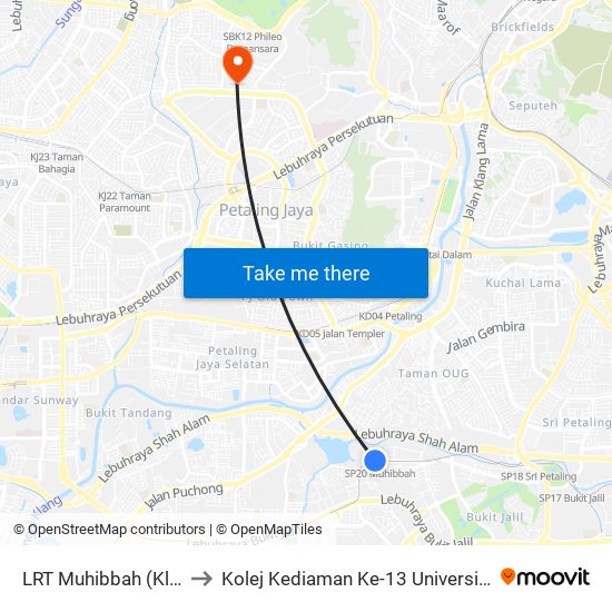 LRT Muhibbah (Kl1360) to Kolej Kediaman Ke-13 Universiti Malaya map