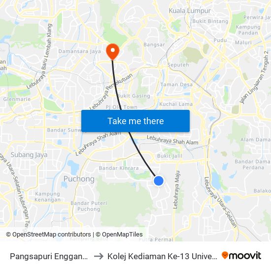 Pangsapuri Enggang (Sj372) to Kolej Kediaman Ke-13 Universiti Malaya map