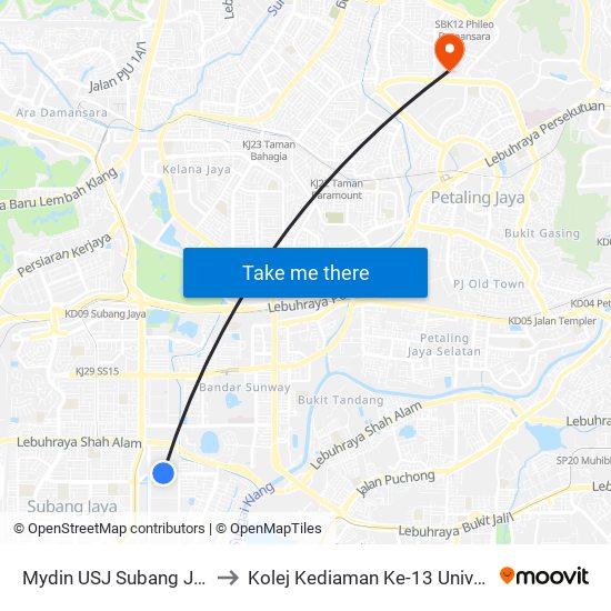 Mydin USJ Subang Jaya (Sj67) to Kolej Kediaman Ke-13 Universiti Malaya map