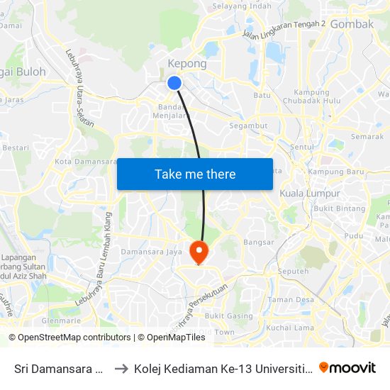Sri Damansara Timur to Kolej Kediaman Ke-13 Universiti Malaya map