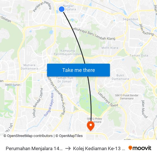 Perumahan Menjalara 14/62 (Opp) (Kl513) to Kolej Kediaman Ke-13 Universiti Malaya map