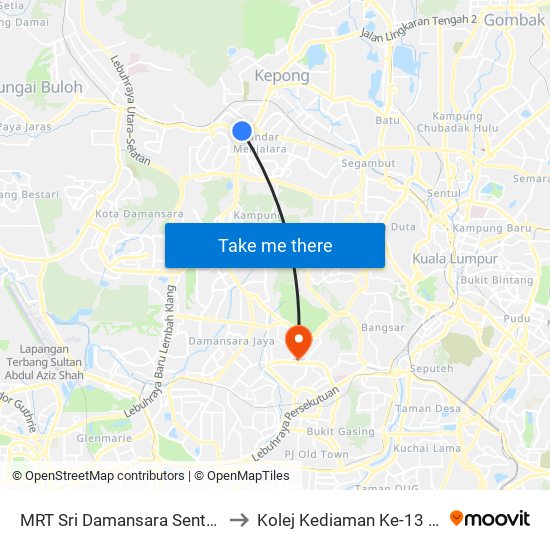 MRT Sri Damansara Sentral, Pintu A (Pj866) to Kolej Kediaman Ke-13 Universiti Malaya map