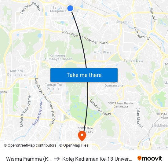 Wisma Fiamma (Kl2425) to Kolej Kediaman Ke-13 Universiti Malaya map