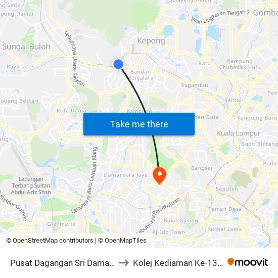 Pusat Dagangan Sri Damansara (Opp) (Pj868) to Kolej Kediaman Ke-13 Universiti Malaya map