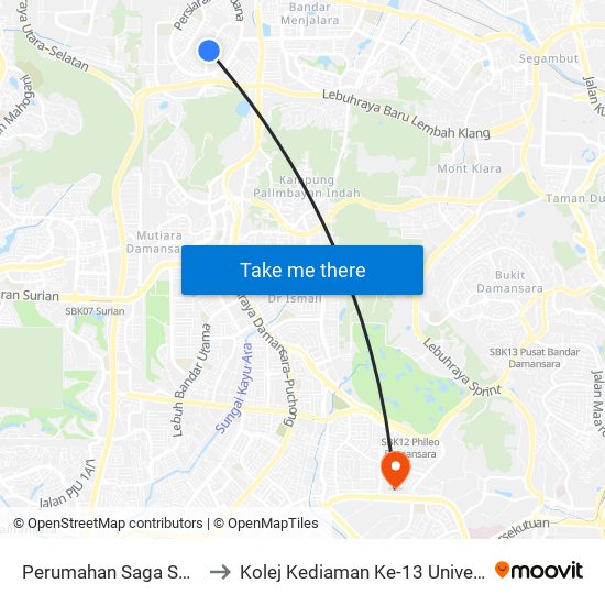 Perumahan Saga Sd 8 (Pj41) to Kolej Kediaman Ke-13 Universiti Malaya map