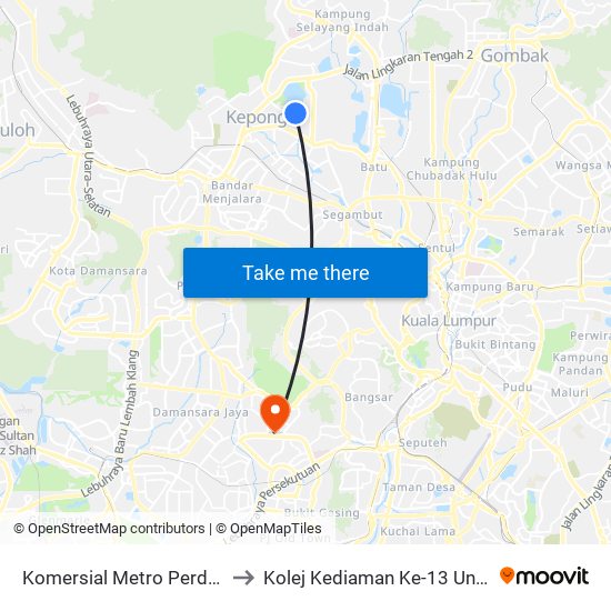 Komersial Metro Perdana (Kl2452) to Kolej Kediaman Ke-13 Universiti Malaya map