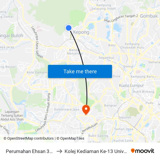 Perumahan Ehsan 3/1 (Sl626) to Kolej Kediaman Ke-13 Universiti Malaya map